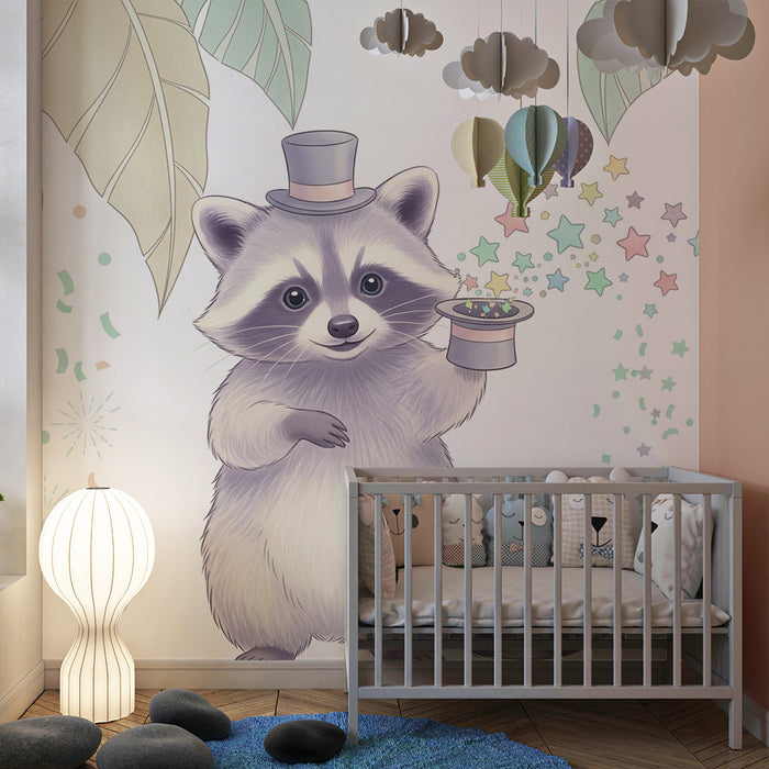 Papier peint chambre enfant | Raton laveur magicien avec étoiles et feuillage tropical