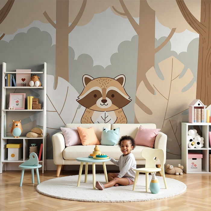 Papier peint chambre enfant | Raton laveur mignon au coeur de la forêt