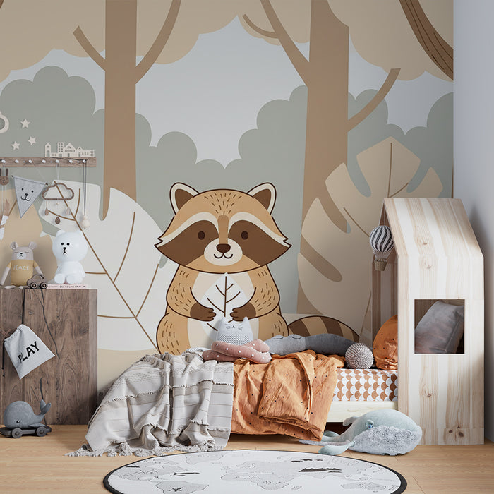 Papier peint chambre enfant | Raton laveur mignon au coeur de la forêt