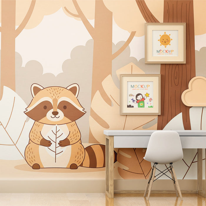 Papier peint chambre enfant | Raton laveur mignon au coeur de la forêt