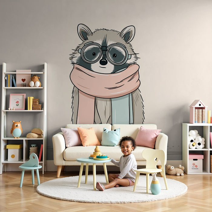 Χαρτί τοίχου παιδικού δωματίου | Γλυκό αρκουδάκι με κασκόλ και γυαλιά