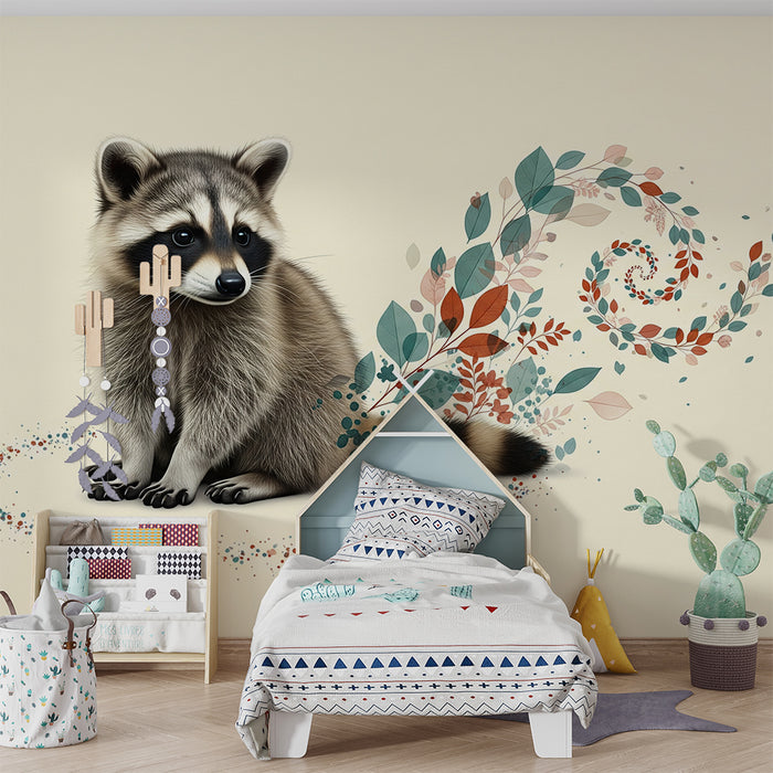Tapet pentru camera copilului | Raton dulce cu motive florale delicate