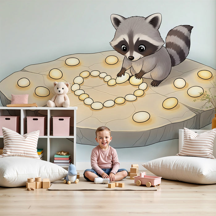 Kinderkamer behang | Schattige wasbeer die een hart vormt met eieren