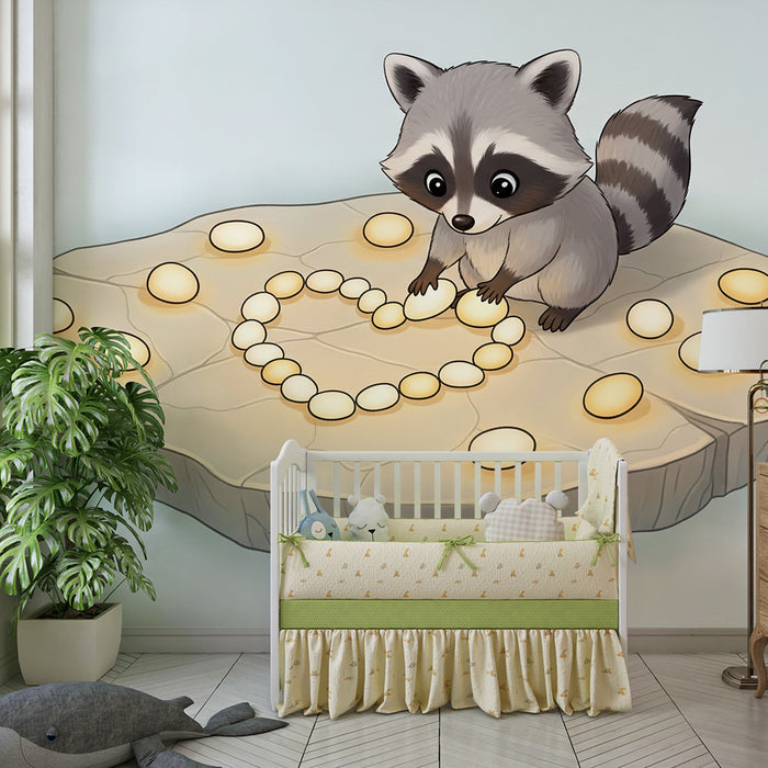 Kinderkamer behang | Schattige wasbeer die een hart vormt met eieren