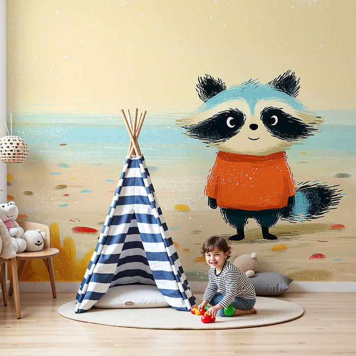 Papel pintado infantil | Mapache adorable en la playa con follaje colorido