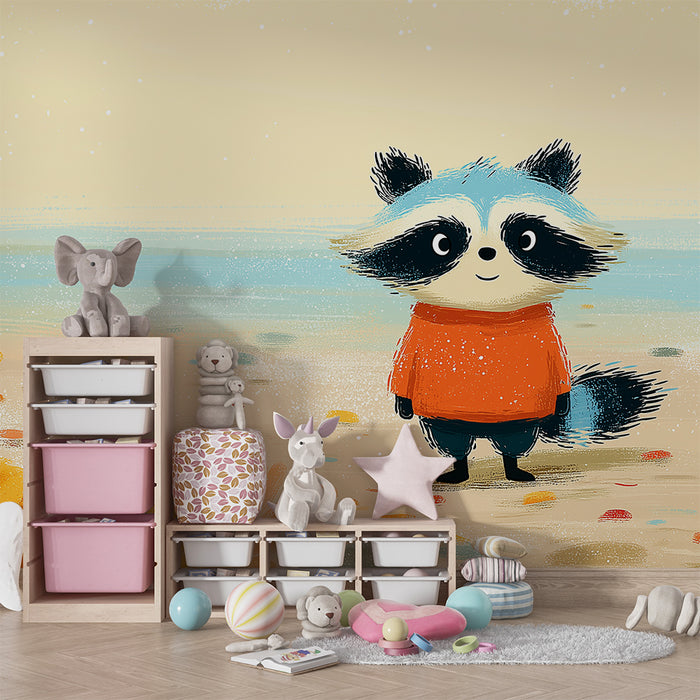 Papel pintado infantil | Mapache adorable en la playa con follaje colorido