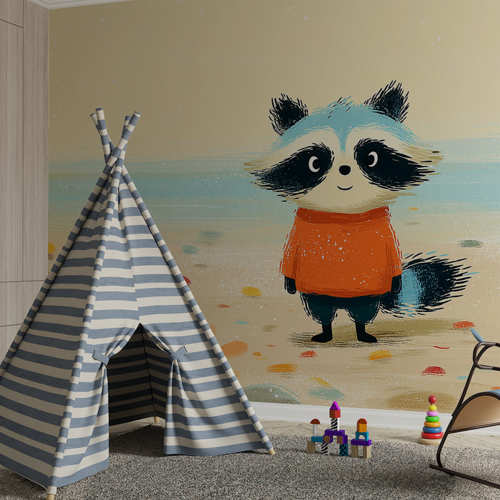 Papel pintado infantil | Mapache adorable en la playa con follaje colorido