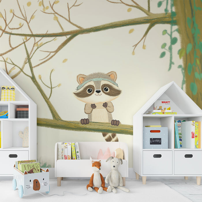 Kinderzimmer Tapete | Niedlicher Waschbär auf einem Ast