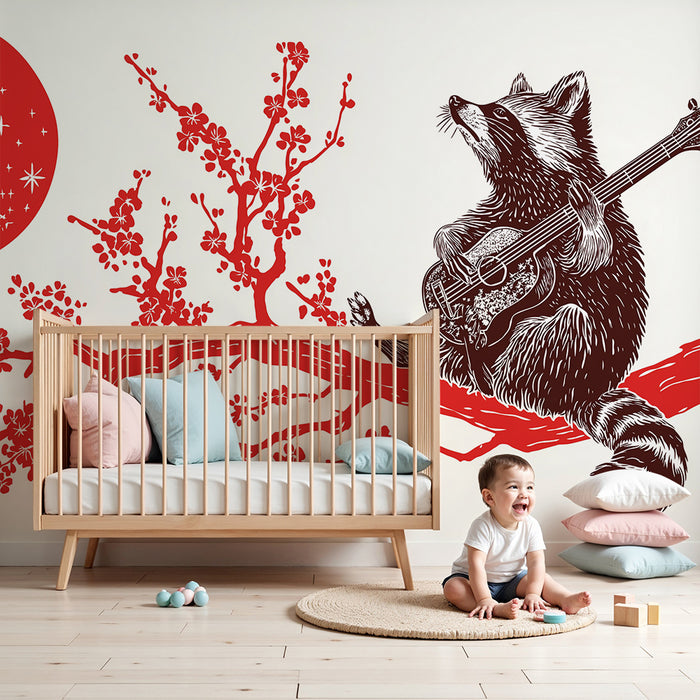 Kinderkamer behang | Wasbeer muzikant onder een rode maan
