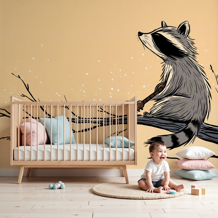 Kids room wallpaper | Raccoon musicians under the stars