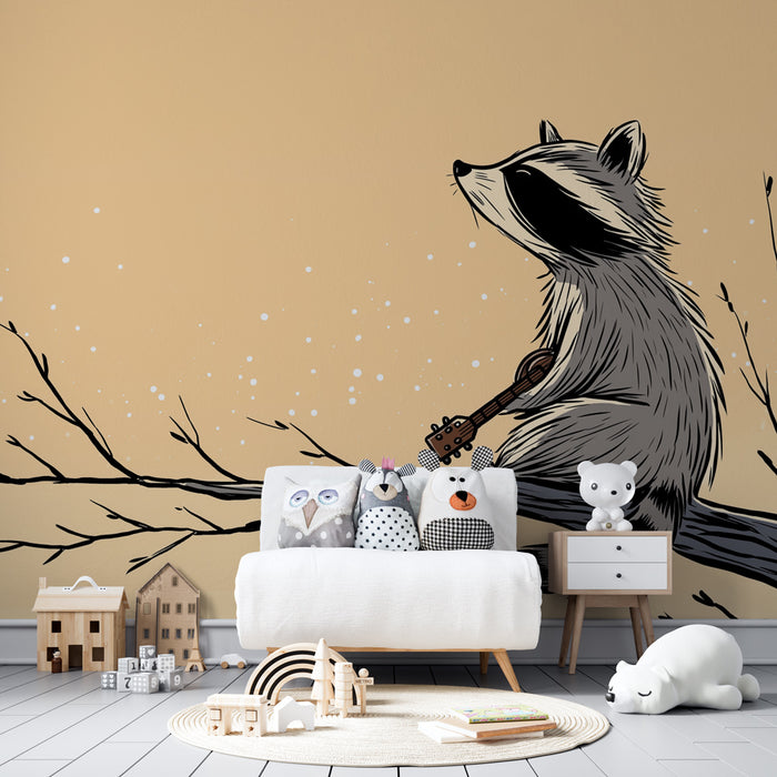 Kids room wallpaper | Raccoon musicians under the stars