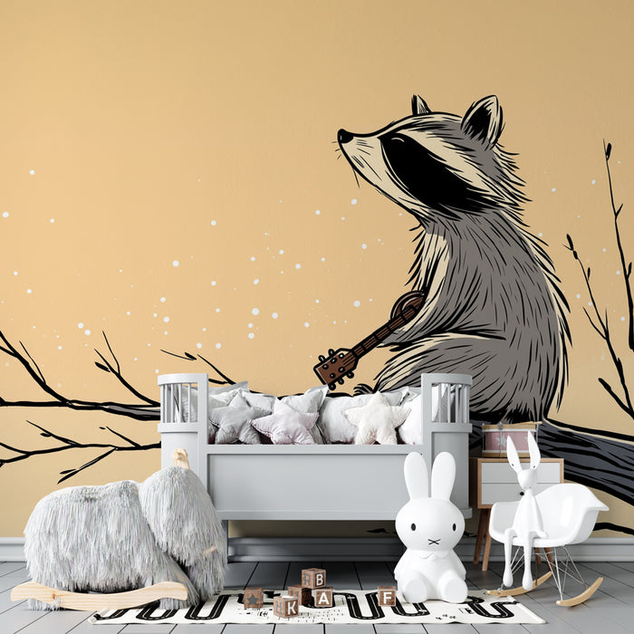 Kids room wallpaper | Raccoon musicians under the stars