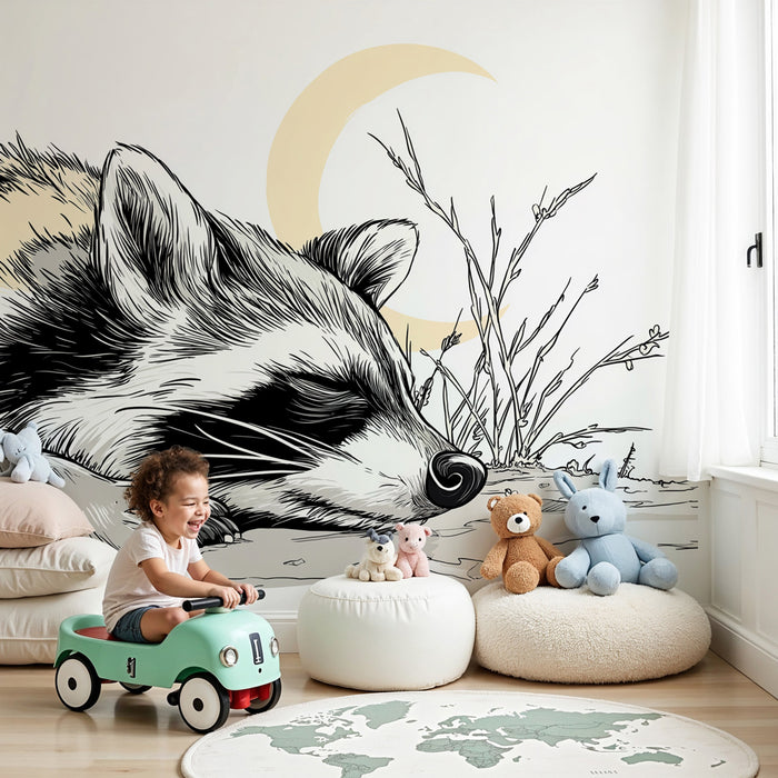 Papier peint chambre enfant | Raton laveur paisible sous la lune