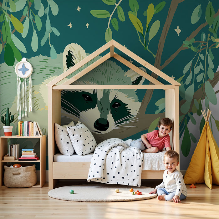 Kids room wallpaper | Peaceful raccoon on a branch under a starry sky
