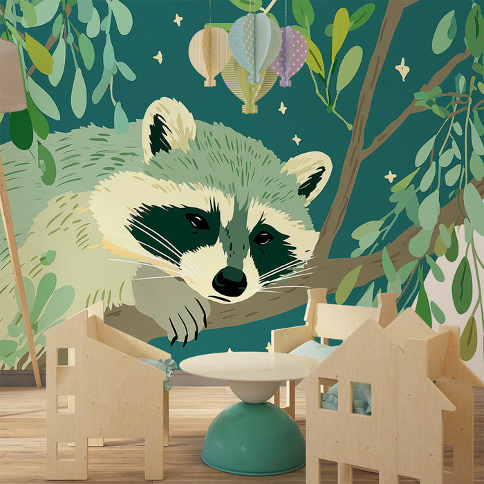 Kids room wallpaper | Peaceful raccoon on a branch under a starry sky