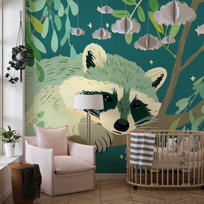 Kids room wallpaper | Peaceful raccoon on a branch under a starry sky