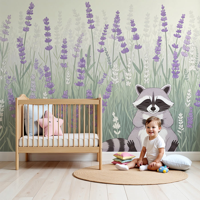 Papel pintado infantil | Mapache entre las flores de lavanda