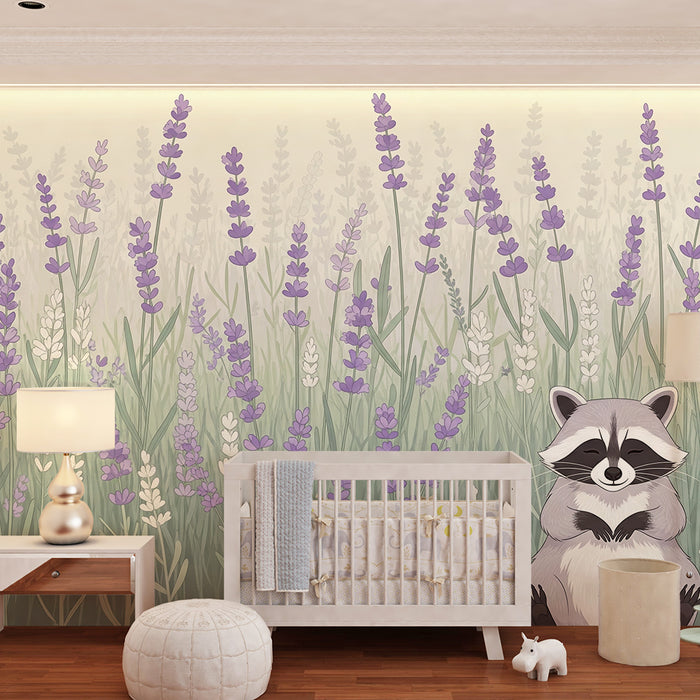 Papel pintado infantil | Mapache entre las flores de lavanda