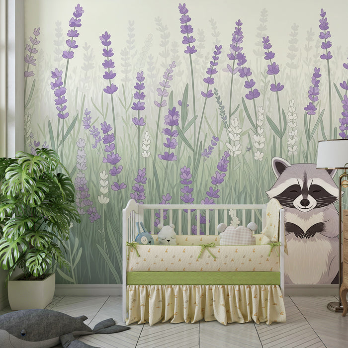 Papel pintado infantil | Mapache entre las flores de lavanda