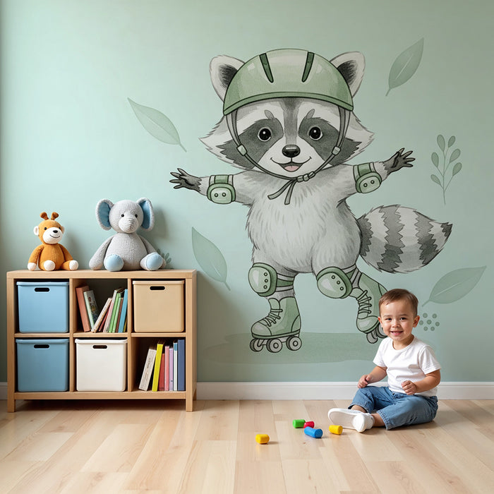 Papel de parede criança | Guaxinim patinador em fundo pastel