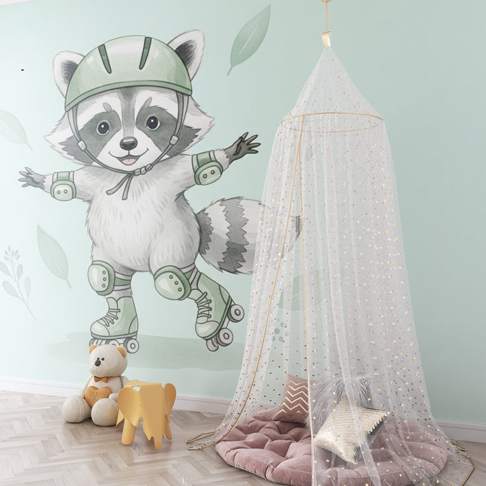 Papel de parede criança | Guaxinim patinador em fundo pastel