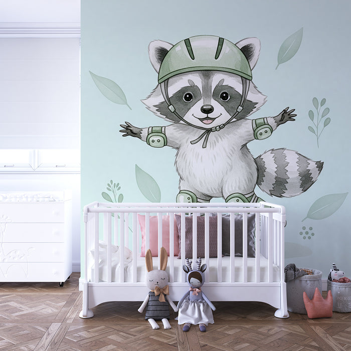 Papel de parede criança | Guaxinim patinador em fundo pastel