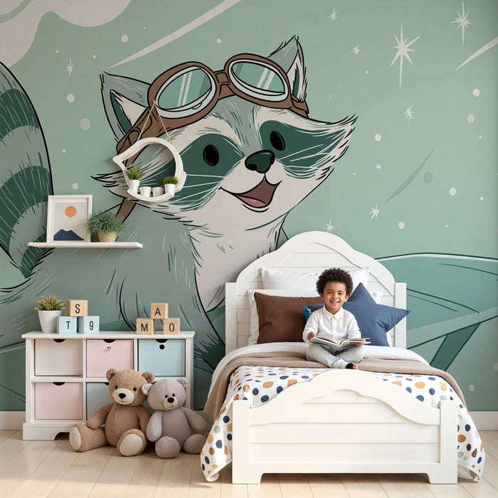 Kids room wallpaper | Pilot raccoon and starry sky