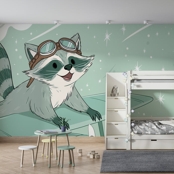 Kids room wallpaper | Pilot raccoon and starry sky