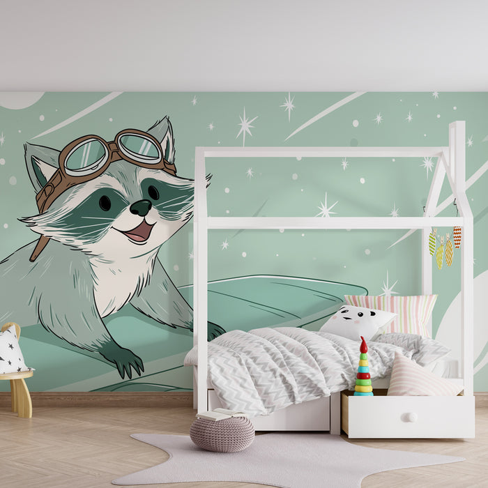Kids room wallpaper | Pilot raccoon and starry sky