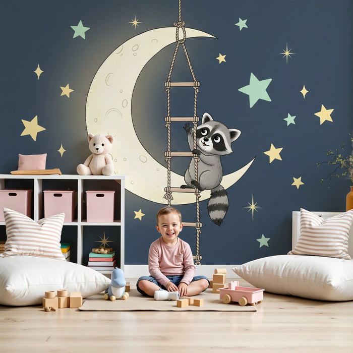 Papel pintado infantil | Mapache soñador bajo la luna