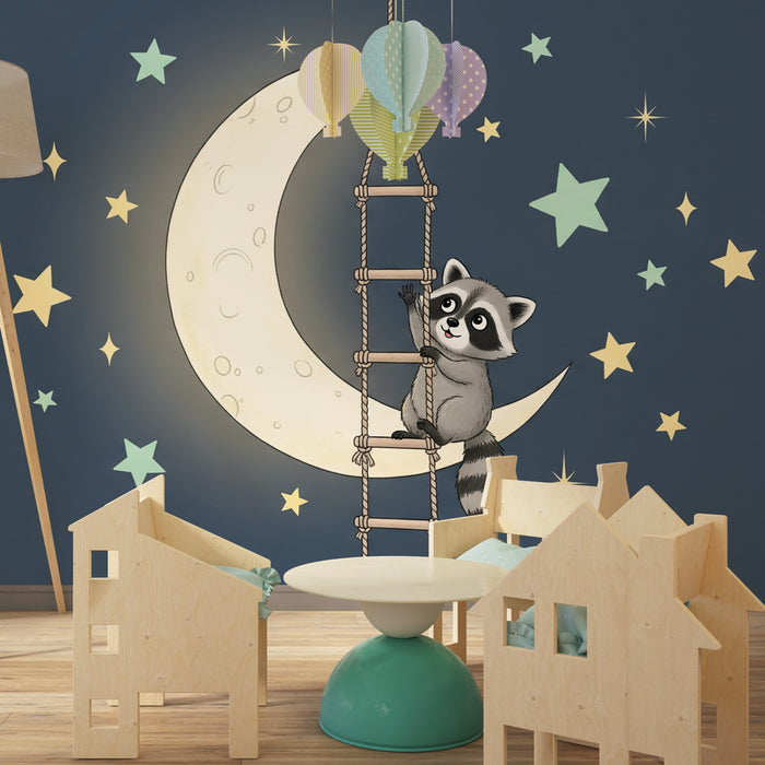 Papel pintado infantil | Mapache soñador bajo la luna