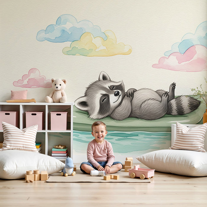 Detská izba tapeta | Roztomilý mýval sní o plávajúcom matraci