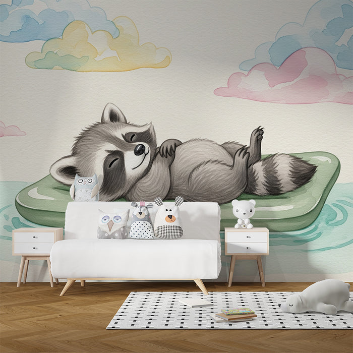 Detská izba tapeta | Roztomilý mýval sní o plávajúcom matraci