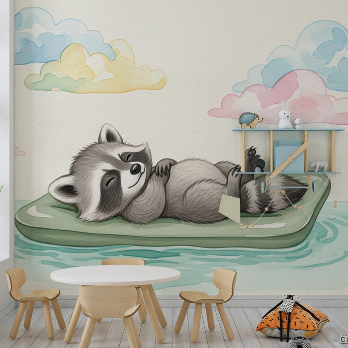 Detská izba tapeta | Roztomilý mýval sní o plávajúcom matraci