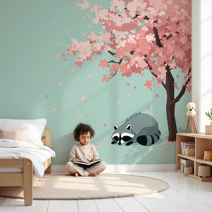 Kinderzimmer Tapete | Waschbär unter einer blühenden Kirschblüte