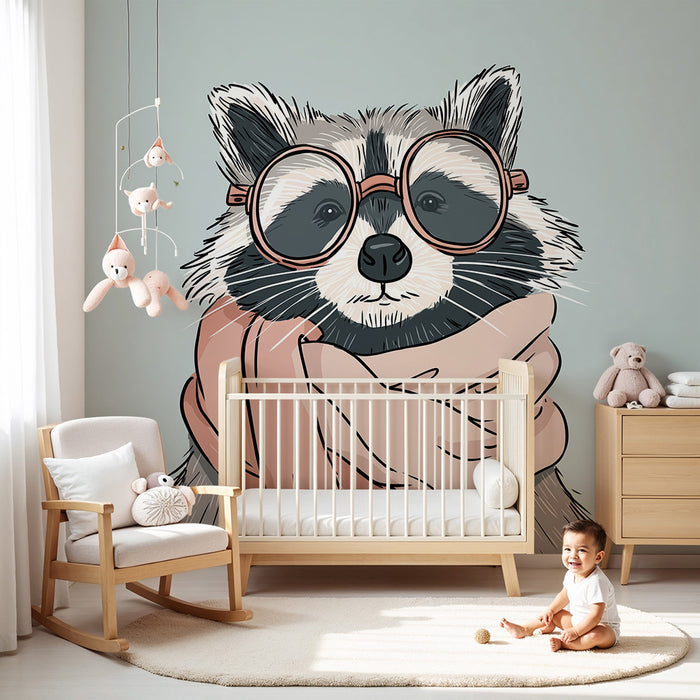 Papel pintado infantil | Mapache con estilo con gafas y bufanda