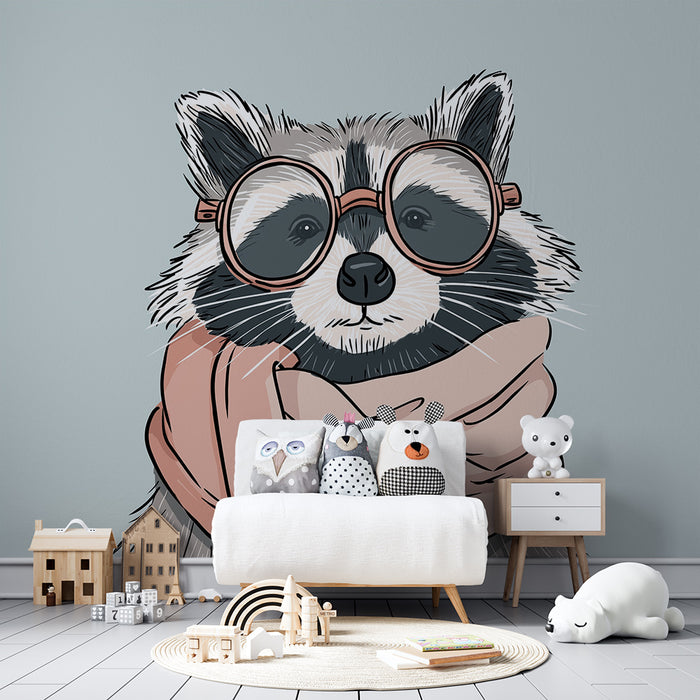 Papel pintado infantil | Mapache con estilo con gafas y bufanda
