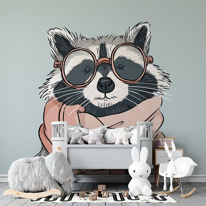 Papel pintado infantil | Mapache con estilo con gafas y bufanda