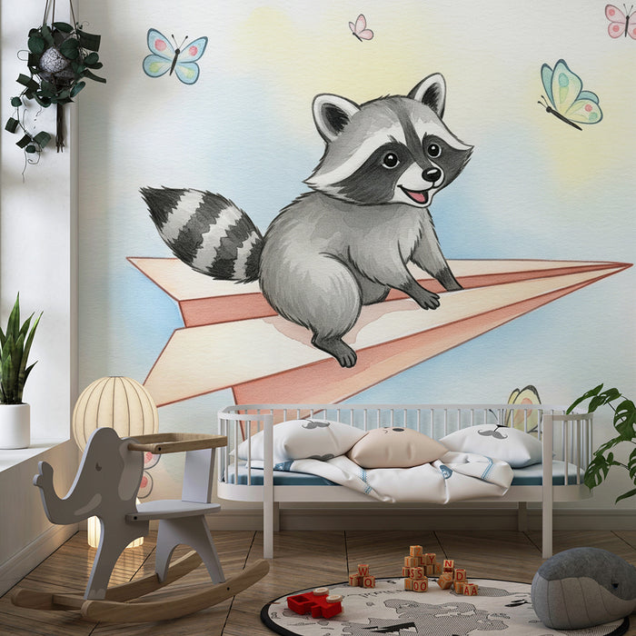 Tapet barnerom | Vaskebjørn på et papirfly
