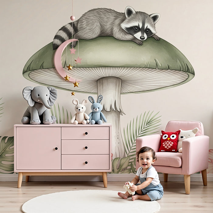 Børneværelse tapet | Vaskebjørn på en tropisk svamp