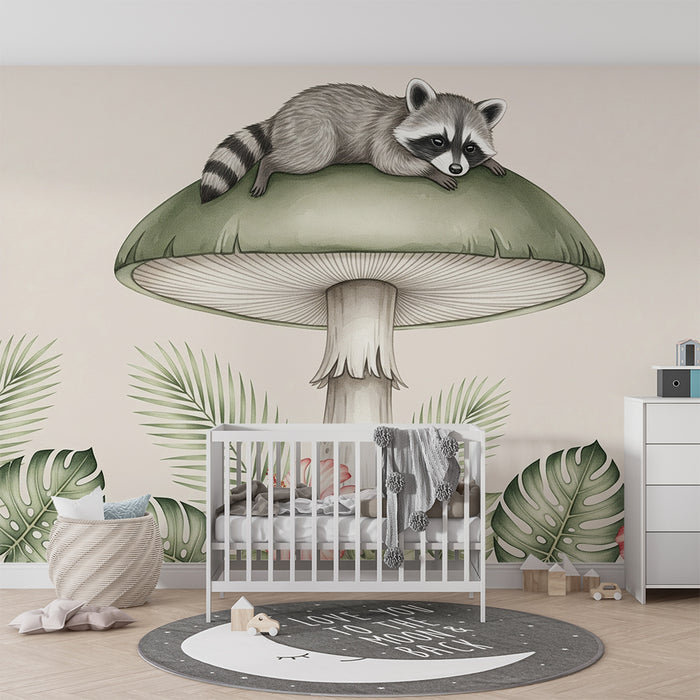 Børneværelse tapet | Vaskebjørn på en tropisk svamp