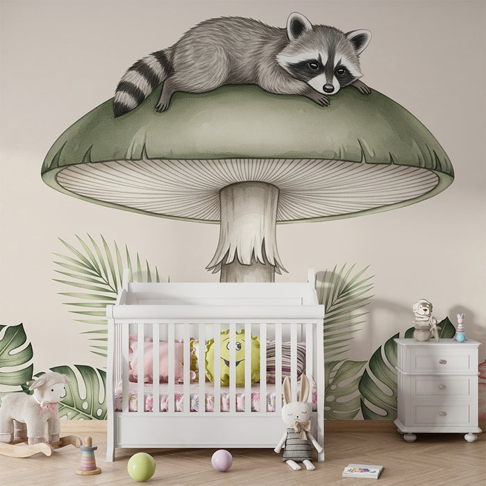 Børneværelse tapet | Vaskebjørn på en tropisk svamp