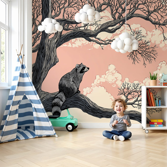 Børneværelse tapet | Vaskebjørn på en gren under en pastelfarvet himmel