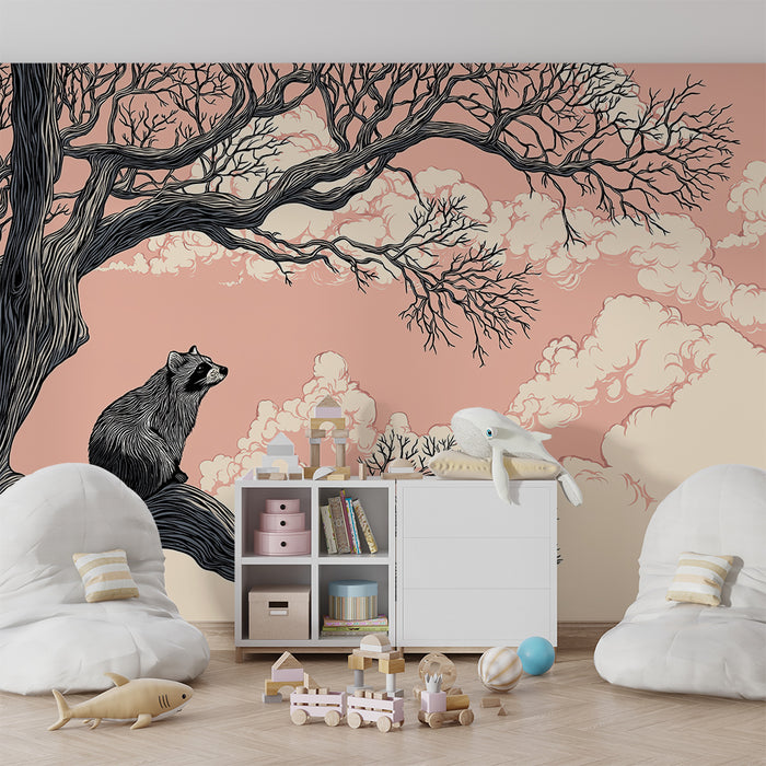 Børneværelse tapet | Vaskebjørn på en gren under en pastelfarvet himmel