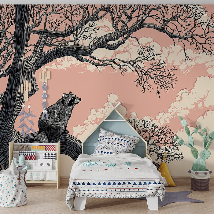 Børneværelse tapet | Vaskebjørn på en gren under en pastelfarvet himmel