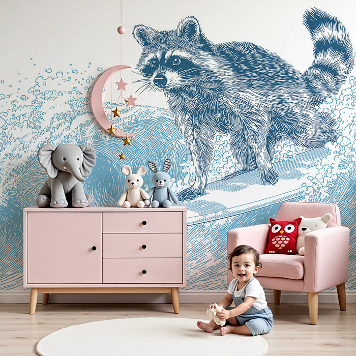 Kinderkamer behang | Wasbeer op een surfplank in de golven