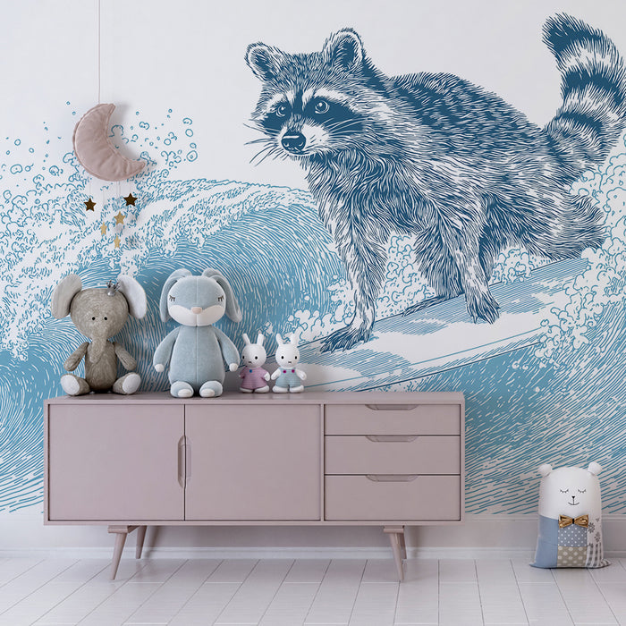 Kinderkamer behang | Wasbeer op een surfplank in de golven