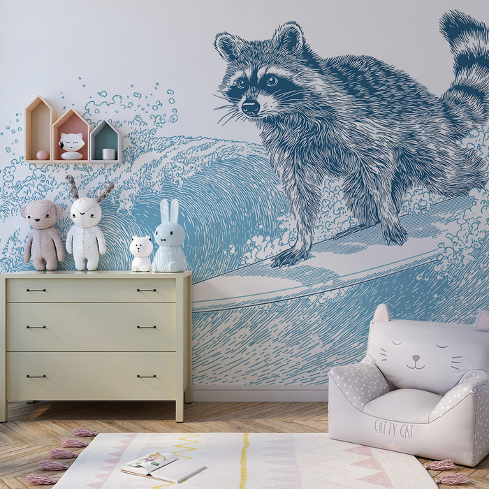 Kinderkamer behang | Wasbeer op een surfplank in de golven