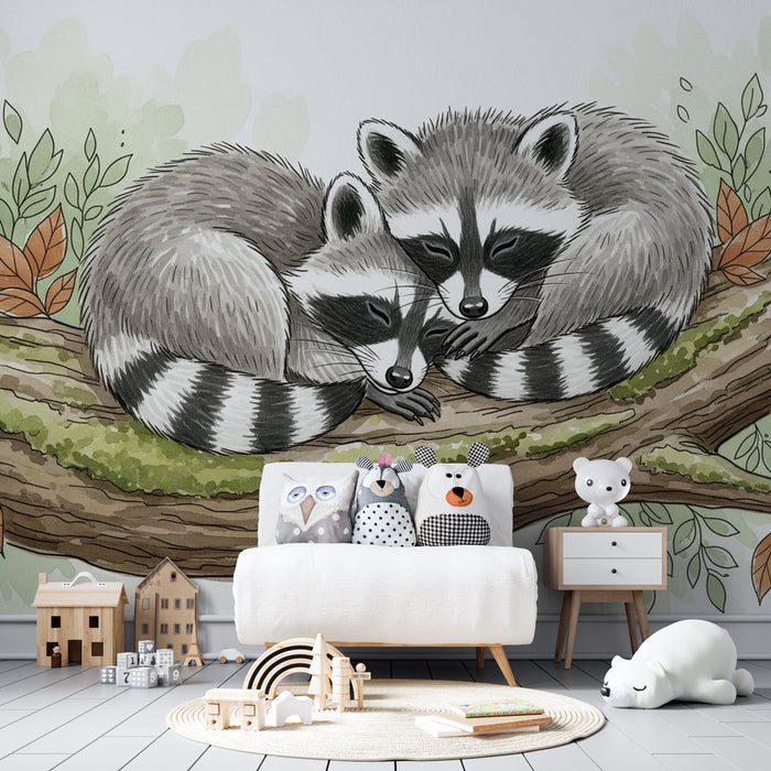 Papier peint chambre enfant | Ratons laveurs câlins sur une branche