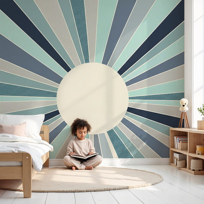 Papel de parede para quarto de criança | Raios de cor suaves em tons de azul e cinza